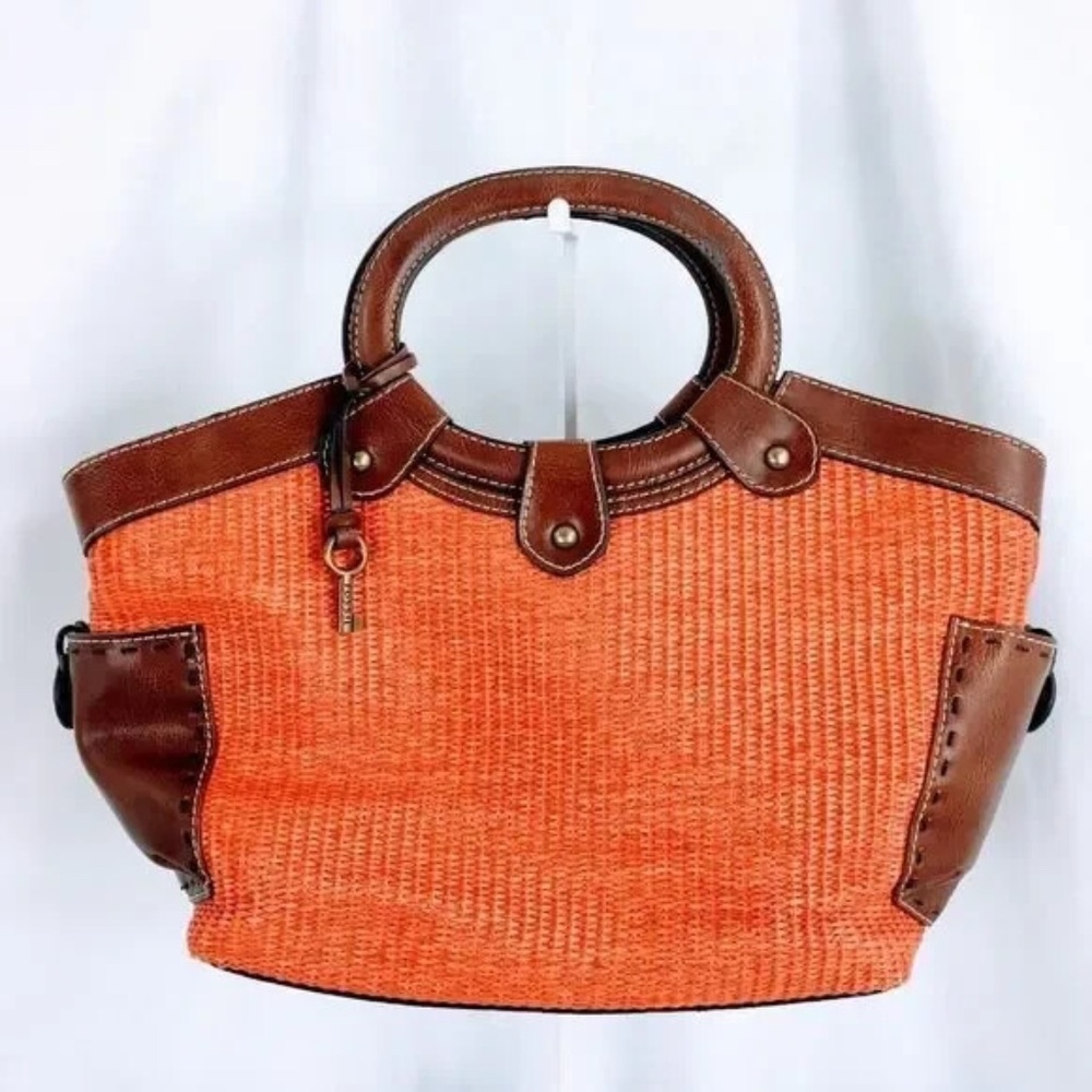Fossil Tote Orange Straw Woven Handbag